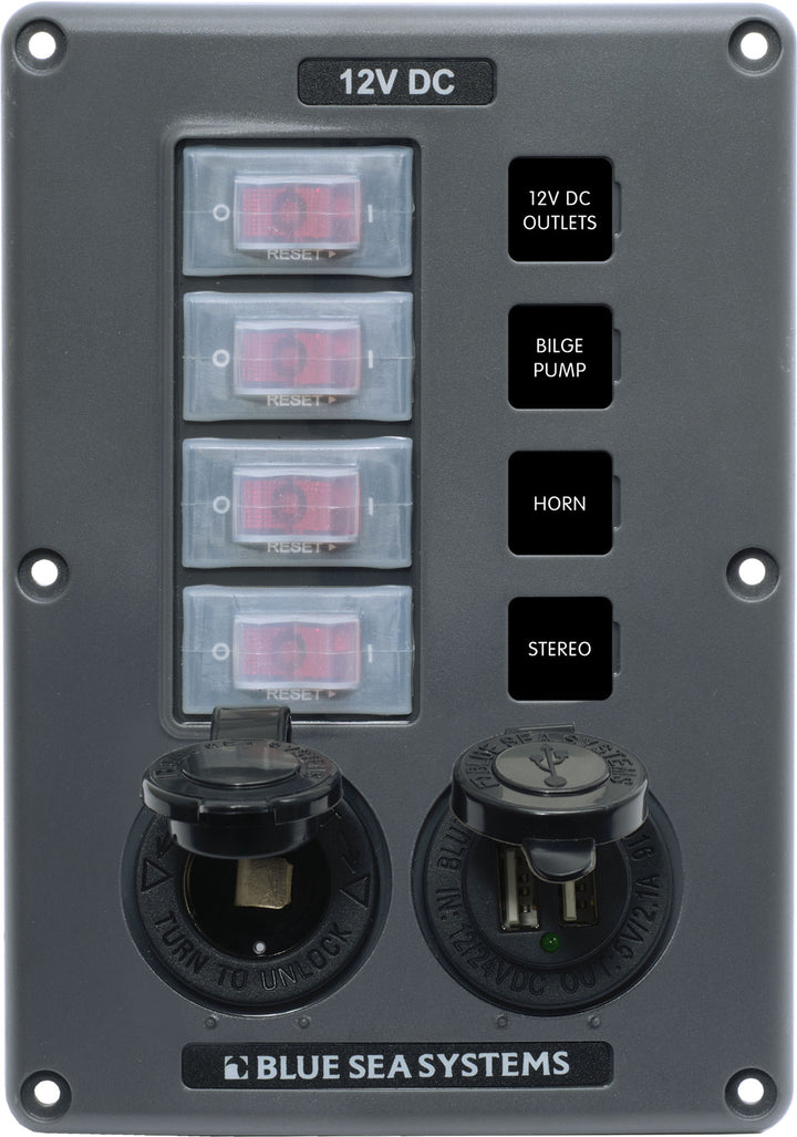 Blue Sea Water-resistant 12v 4 Circuit Breaker Switch Panel With 12v Socket And Dual Usb - Sea Supply Hub